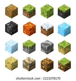 Pixel game blocks of grass, stone, ice and water, sand, lava, coal and golden ore patterns. Isometric vector craft cubes or boxes of mine resources and materials with pixelated textures, game ui