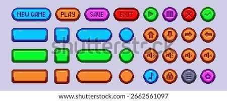 Pixel game button collection with colorful text labels and round icons for retro interface design. Bright elements in 8 bit videogame style. Classic controller arcade UI assets for digital projects.