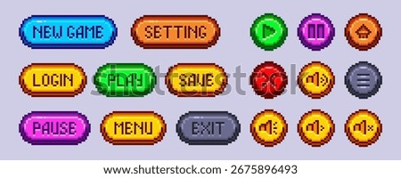 Pixel game button collection with colorful text labels and round icons for retro interface design. Bright elements in 8 bit videogame style. Classic controller arcade UI assets for digital projects.