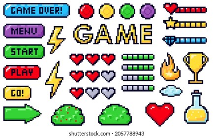 Pixel game buttons. Games UI, gaming controller arrows and 8 bit pixels button.Pixel game elements set. Vintage computer video arcades.