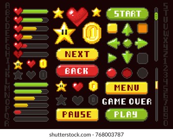 Pixel game buttons, navigation and notation elements and symbols vector set. Button interface game arrow and play, back and next illustration