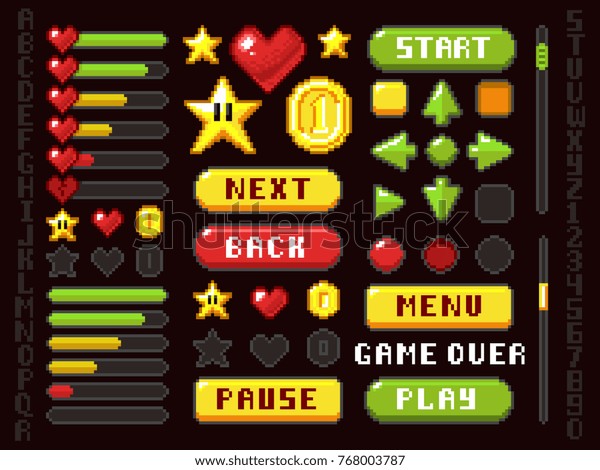 ピクセルゲームボタン ナビゲーションエレメント 記法エレメント およびシンボルのベクター画像セット ボタンインターフェイスのゲーム の矢印とプレイ 戻る 次の図 のベクター画像素材 ロイヤリティフリー