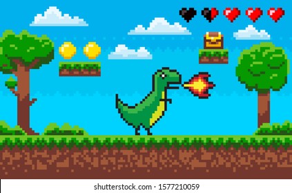 Pixel game character vector, treasure and clouds icons of life hearts. Dinosaur with flames from mouth, nature trees wooden casket with money scores