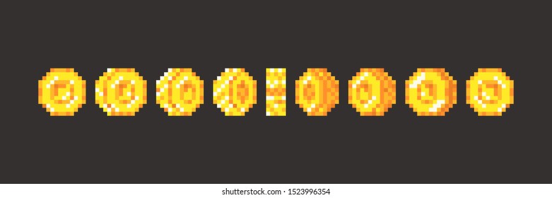 Pixel game coins animation. Pixel art. Retro game style. Vector illustration.