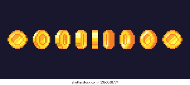 Animação de moedas de jogo de pixel. Quadros animados de moedas pixeladas douradas, ouro retrô de 16 bits e dinheiro de videogames. Moeda de videogame pixelizada ou ilustração vetorial de ouro de arcade de videogame