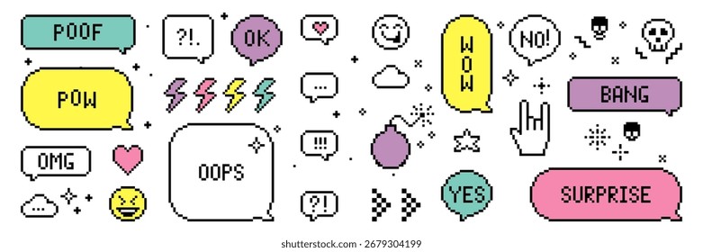 Juego de píxeles burbujas de discurso de color con texto Pow, Wow, Omg, sorpresa, Bang en bolso blanco. Elementos de Vector de mensajería retro, ícono de bomba, estrella, ícono de mano de roca, corazón, sculls para diseño digital nostálgico arcade