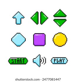 Pixel game control buttons. Pixel Art controls for 8-bit retro video game design.