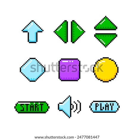 Pixel game control buttons. Pixel Art controls for 8-bit retro video game design.
