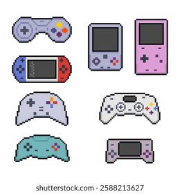 Pixel game controllers and gamepad, retro game consoles. Vintage joystick in 8 bit pixel art.