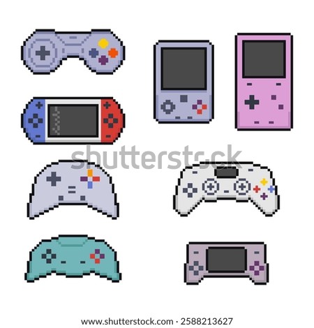 Pixel game controllers and gamepad, retro game consoles. Vintage joystick in 8 bit pixel art.