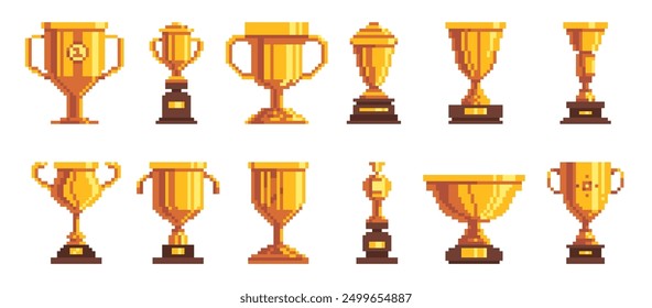 Pixel game cup. Retro video game asset, 8 bit cartoon trophy winner award for pixel art design, old vintage golden trophy cups in 80s style. Prize goblets, competition reward Vector icons set.