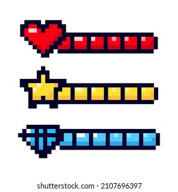 Pixel game element. Game pixel art magic items, digital pixelated lives bar and menu button.