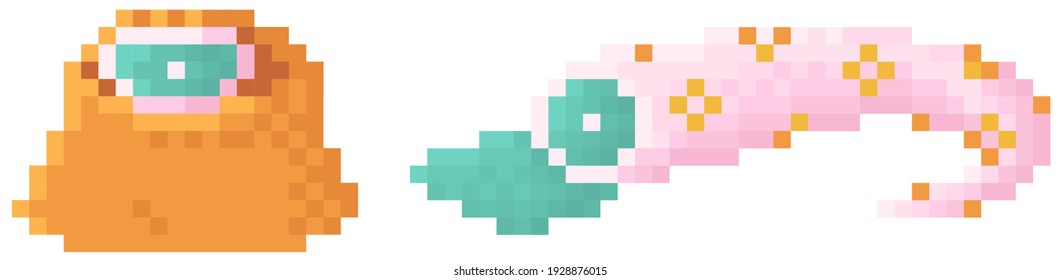 Pixel game element design. Fantasy game with alien with severed tentacle isolated on white background. Pink pixelated organism part. Dead pixel monster, creature with tentacle sticking out of crater