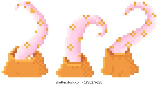 Pixel game element layout design. Fantasy game with alien plants with tentacle isolated on white background. Pink pixelated organism. Pixel monster, creature with tentacles crawling out of craters