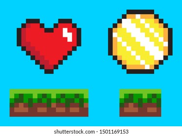 Pixel game elements, coin and heart in color. Flat style of 8bit graphics icons, animation videogames money and life symbol, wealth point sign. Pixel-art vector, pixelated 8 bit game objects