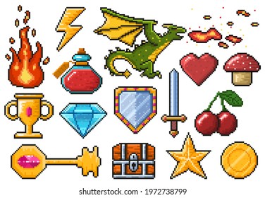 Pixel game elements. Games ui magic items, fire, trophy, coin, dragon and poison vector illustration set. Digital pixelated 8 bit game symbols. Magic pixel game, chest and potion, pixelated 8 bit