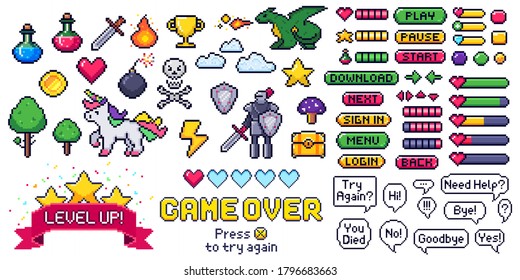 Pixel game elements set. Digital life bars and menu button as menu, stop and play. Speech bubbles with message. Objects as heart and coin, trophy and fire, cloud and bomb vector illustration