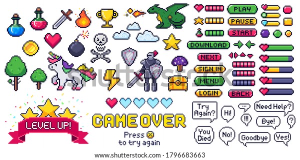 Pixel\
game elements set. Digital life bars and menu button as menu, stop\
and play. Speech bubbles with message. Objects as heart and coin,\
trophy and fire, cloud and bomb vector\
illustration