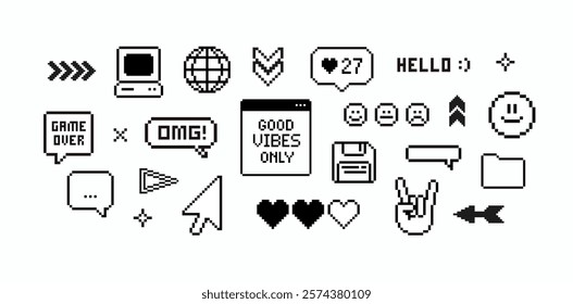 Pixel game elements and stickers of 90's aesthetics. 8-bit retro game background. Trendy Y2k geometric brutalism UI interface. Simple pixel forms