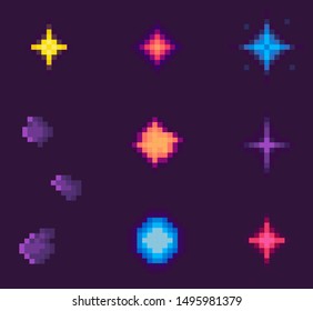 Pixel game elements vector, isolated galaxy with asteroids and stars celestial bodies on sky, outer space pixelated icons, explosion burst dust flats style. Pixelated space objects for video-game
