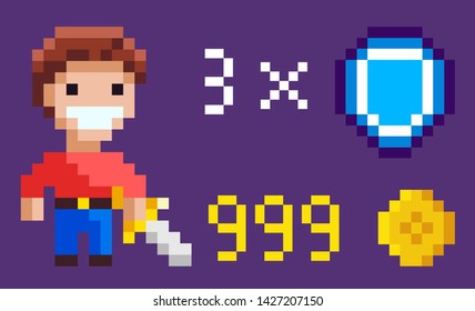 Pixel game elements vector, pixelated hero with sword made of steel, money coins and shield with number. Pixelated personage smiling hero 8 bit style