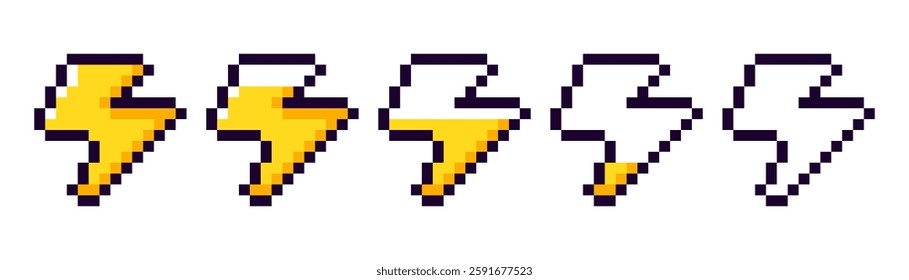 Pixel game energy bar, game energy scale. 8 bit set of lightning bolts. Pixelated thunderbolts with different fill levels.
