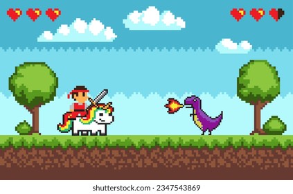 Pantalla de peleas de juegos de Pixel. Interfaz de videojuegos de 8 bits retro con héroe y dragón, fondo de paisaje de juegos de computadora. Ilustración de píxeles vectoriales. píxel de pantalla de juego, arcada de vídeo retro