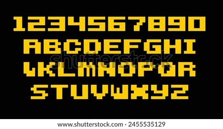 Pixel game font. Arcade alphabet symbols, retro console text elements, 80s type letters. Vector computer and video game comic letter set. Illustration of game alphabet pixel