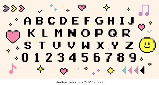 Pixel game font and elements set. 8-bit alphabet symbols, letters and numbers. Y2k. 90's aesthetics.  Oldschool retro nostalgic typeface. Vector illustration