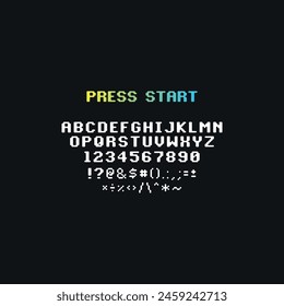 Pixel game font. Pixel latin alphabet letters and numbers. Vector illustration