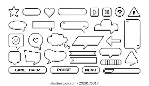 Marco de juego de píxeles. Discurso de burbuja de Pixelart, nube de chat de texto, forma de juego de iconos, cita digital geek, comunicación de jugador, banner de juego de palabras. Conjunto de vectores. Bordes de diferente forma como corazón, rectángulo