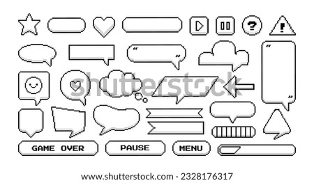 Pixel game frame. Pixelart bubble speech, text chat cloud, icon game shape, geek digital quote, gamer communication, talk playing banner. Vector set. Borders of different shape as heart, rectangle