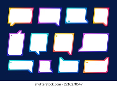 Pixel game frames, borders and info boxes, text bubbles and speech balloons, vector 8 bit art. Pixel game retro text bubbles, 8bit chat talk, dialog and word message cloud frames and square borders