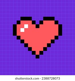 Pixel game full life scale in red on a bright purple background. Heart icon, illustration in 8-bit retro game style, controller.