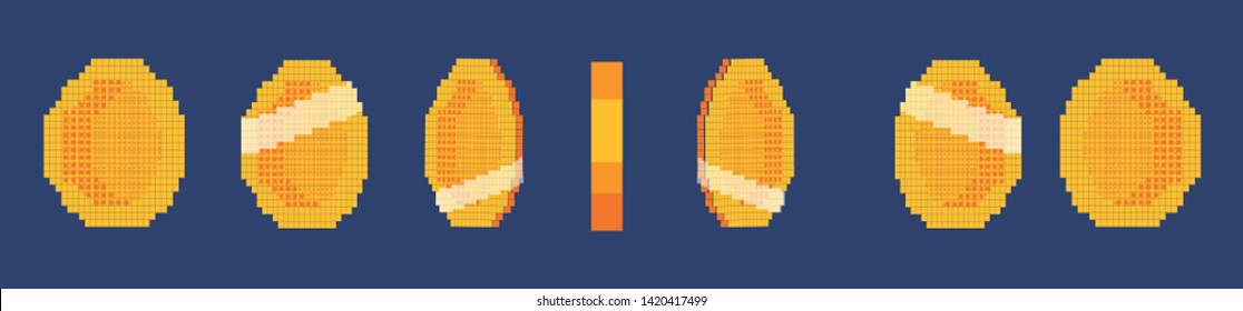 Pixel game gold coins animation. Golden pixelated coin animated frames. Pixelated videogamer currency or videogame arcade.