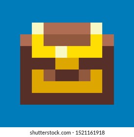 Pixel game graphics element vector, isolated icon of wooden casket with wealth, locked container with richness, mosaic design of 8 bit gamification