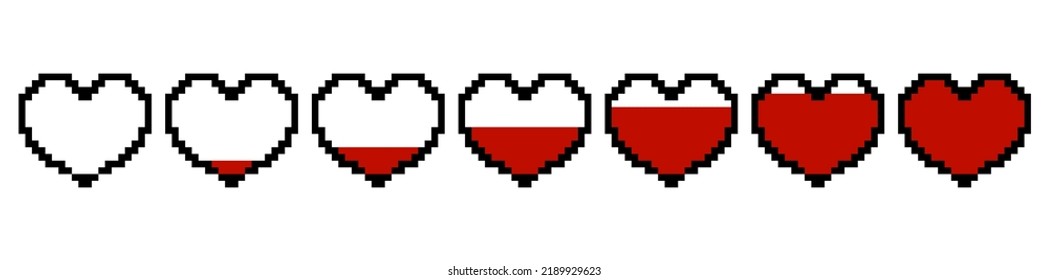 Pixel game graphics. Life bar computer 8-bit games. Vintage hearts different fullness, old school consoles elements. Vector retro video play hero energy icons
