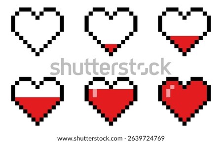 Pixel game health bar set. Vector art 8 bit life heart bar. Retro gaming UI progress indicator.