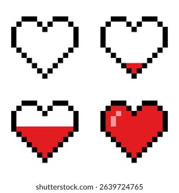 Pixel game health heart icons. Vector art 8 bit life bar elements. Retro gaming UI status symbols.