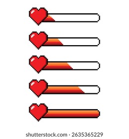 Pixel game heart bar on white background. Vector art 8-bit. health heart bar, heart loading bar. Gaming controller, symbols set.