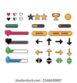 Pixel game icon. Retro video games element, arcade UI button, digital console 8-bit interface, pixels heart, bomb, star, menu buttons controller item. Vector set