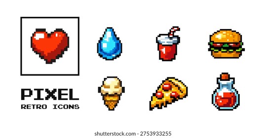Pixel game icon set with heart water potion burger pizza drink and retro arcade food items