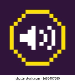 Icono de juego de píxeles vector, altavoz que simboliza la música y la regulación del sonido, círculo aislado con objeto y ondas, botón de navegación de gráficos de 8 bits