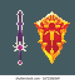 Pixel Game Icons. 8 Bit. Sword And Shield