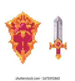 Pixel game icons. 8 bit. Sword and shield