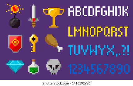 Pixel game icons and alphabet vector, sword and elixir in glass. Skull and diamond brilliant and chicken, key and bomb, shield and key trophy award, pixelated 8 bit objects