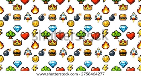 Pixel game icons seamless pattern with retro arcade elements and 8bit background