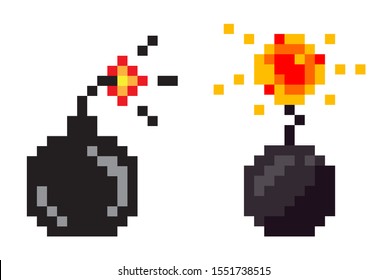 Pixel game icons vector, isolated bombs with fire. Graphics of retro gaming, flat style of weapon with flames, destruction and danger explosive substance