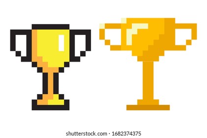 Pixel game icons vector, isolated trophies pixelated awards for winner of competition. 8 bit graphics, golden prize cups success celebration praise