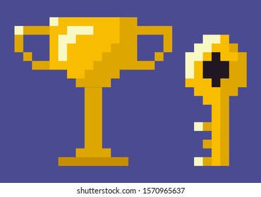 Pixel game icons vector, key and trophy for successful completion of level, unlocking doors and mysteries, solving problems, award for winner flat style